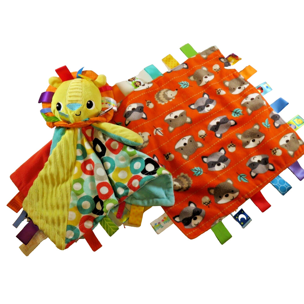 2 Taggies Lion Yellow And Raccoon Orange Lovey Security Baby Blanket Plush Lot